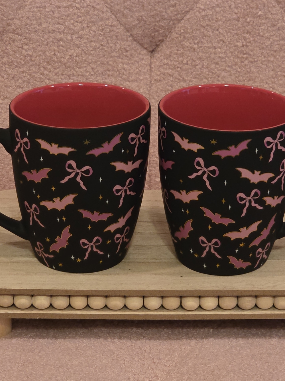 Halloween  Black & Pink Bat Pattern Ceramic Mug (Set of 2)